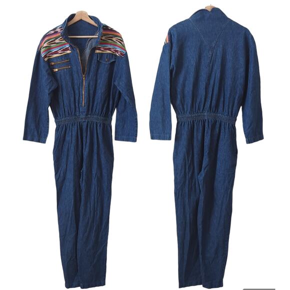 Vintage Denim 80s Jumpsuit Overall Southwestern Print Yoke Western Boho Size 14 - Picture 1 of 11